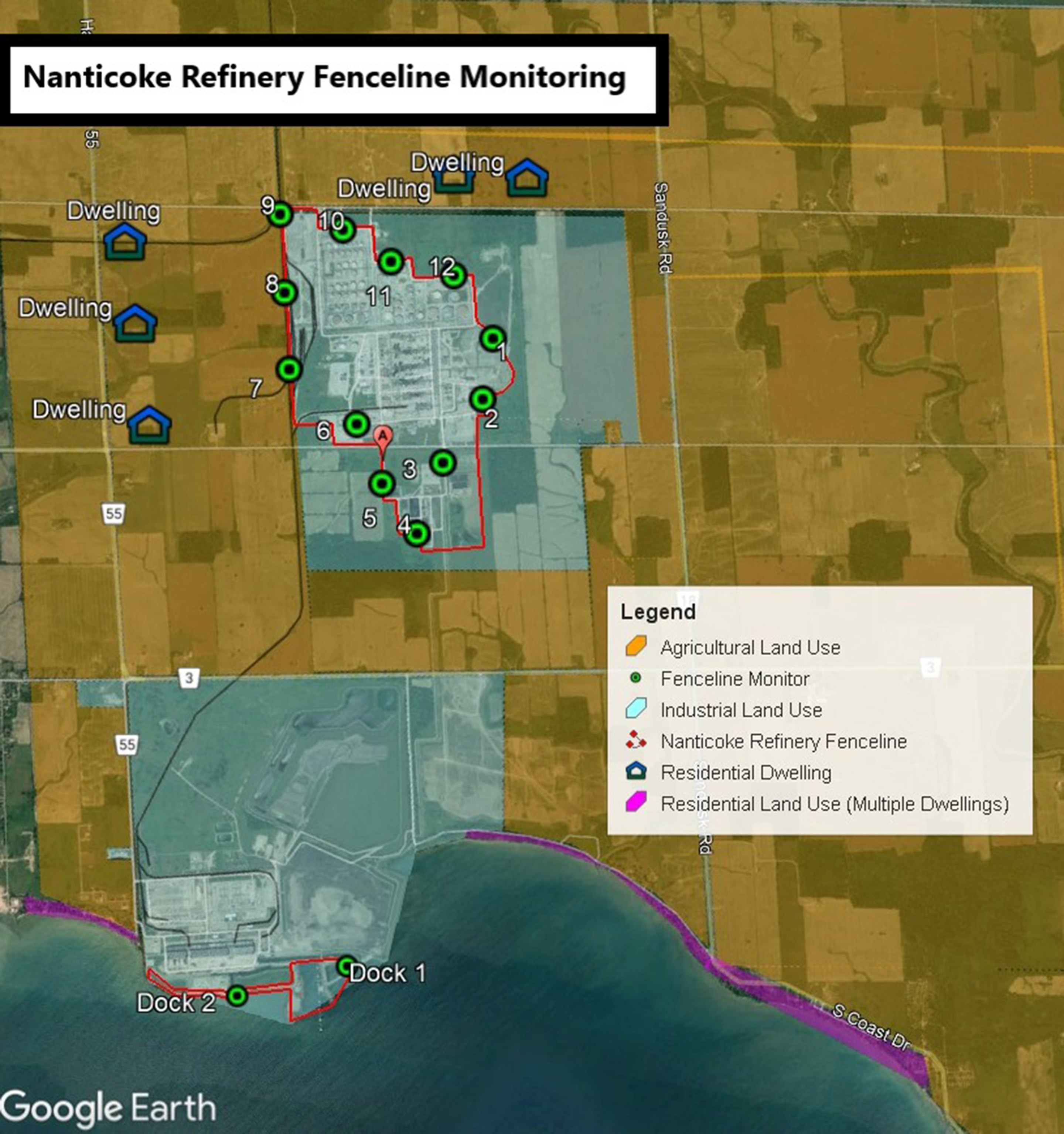 map of Nanticoke fenceline monitor locations