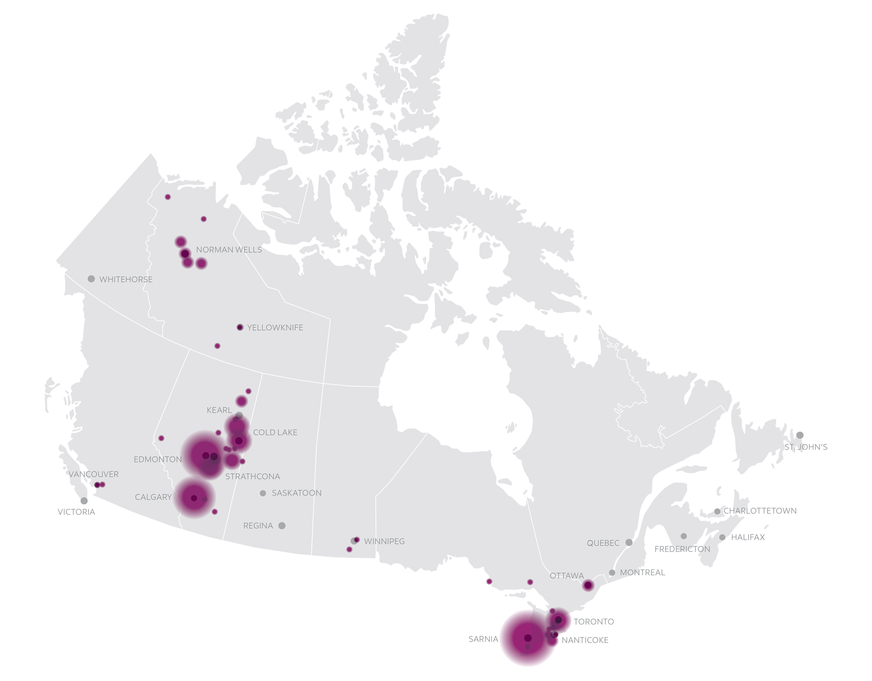 Canadian map depicting Imperial’s community contributions across the country