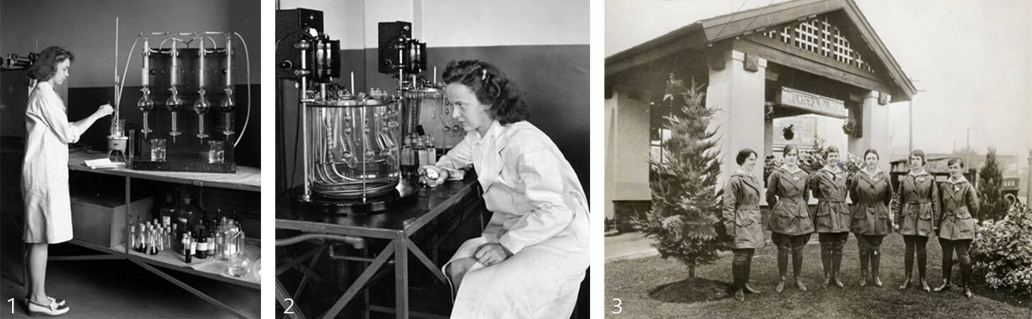 Image Photo— 1&2 - Women working in Imperial Oil Limited's research laboratory in 1943, Sarnia, Ontario
3 - Six women, working at three stations, were employed by Imperial Oil during the First World War