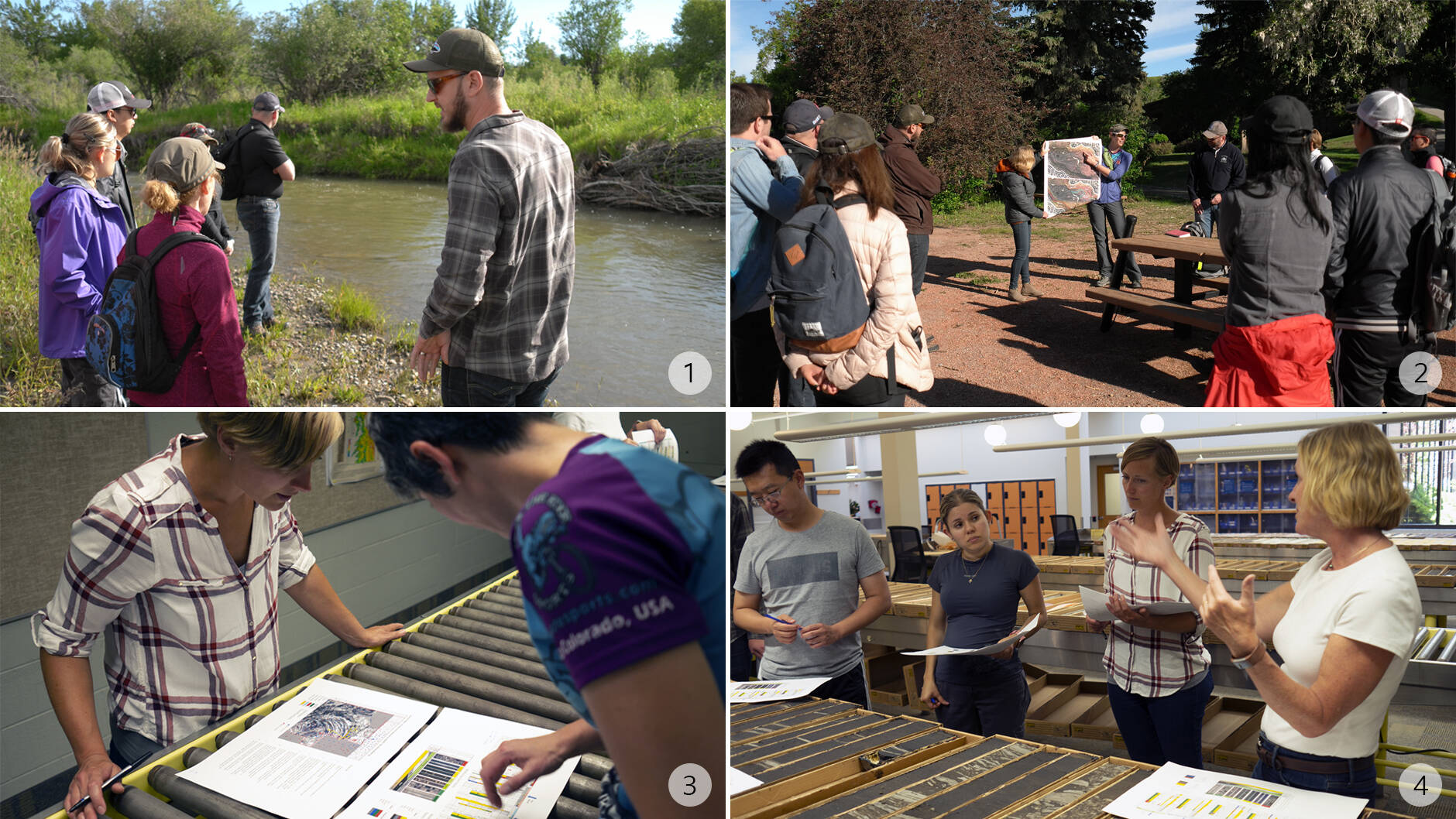 Image Photo— 1. River observation 2. 3D seismic time slice maps and other data connect river features past and present, surface and sub-surface 3. Matching core samples with data logs at the AER research centre 4. McMurray formation data logs and core samples