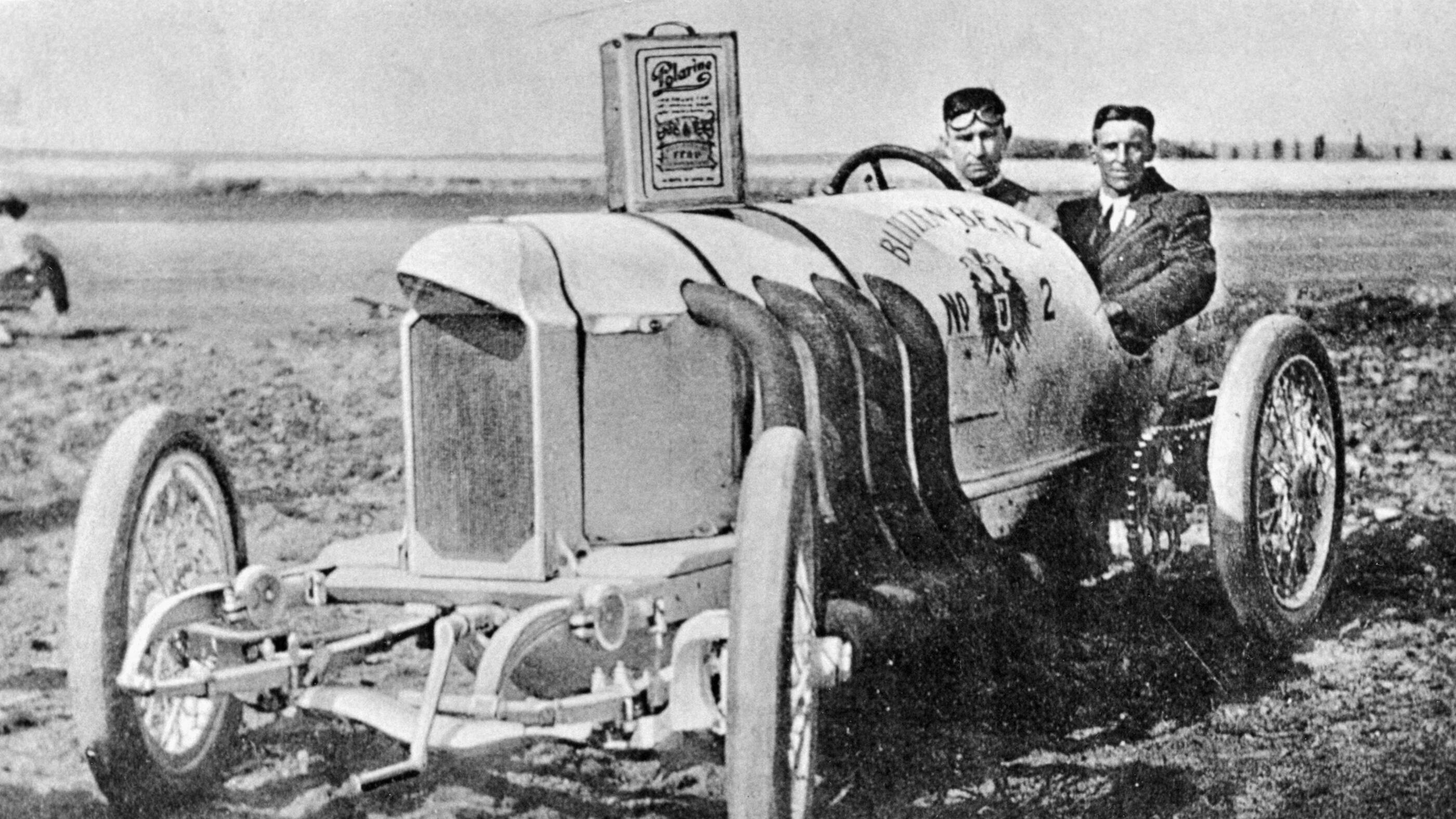 Race car driver Bob Burman after setting new Canadian record (1 mile in 50 and 4/5th seconds) using polarine and Premier gasoline in Vancouver, British Columbia.